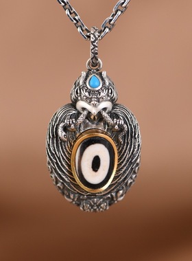 镀925银复古民族风可打开镶天珠银蛇大鹏鸟坠