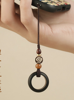 古风手机链短款钥匙挂绳u盘男女檀木指环扣复古手工挂件防丢挂饰