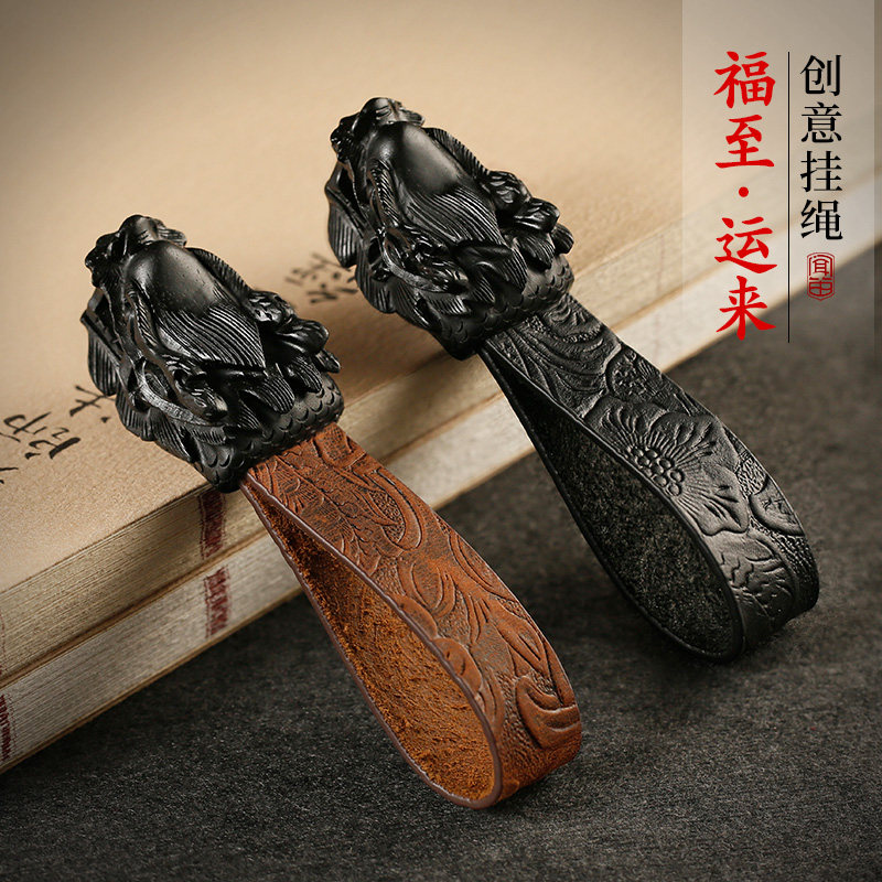高档复古牛皮汽车钥匙挂件生肖龙个性黑檀木钥匙扣创意礼物钥匙圈