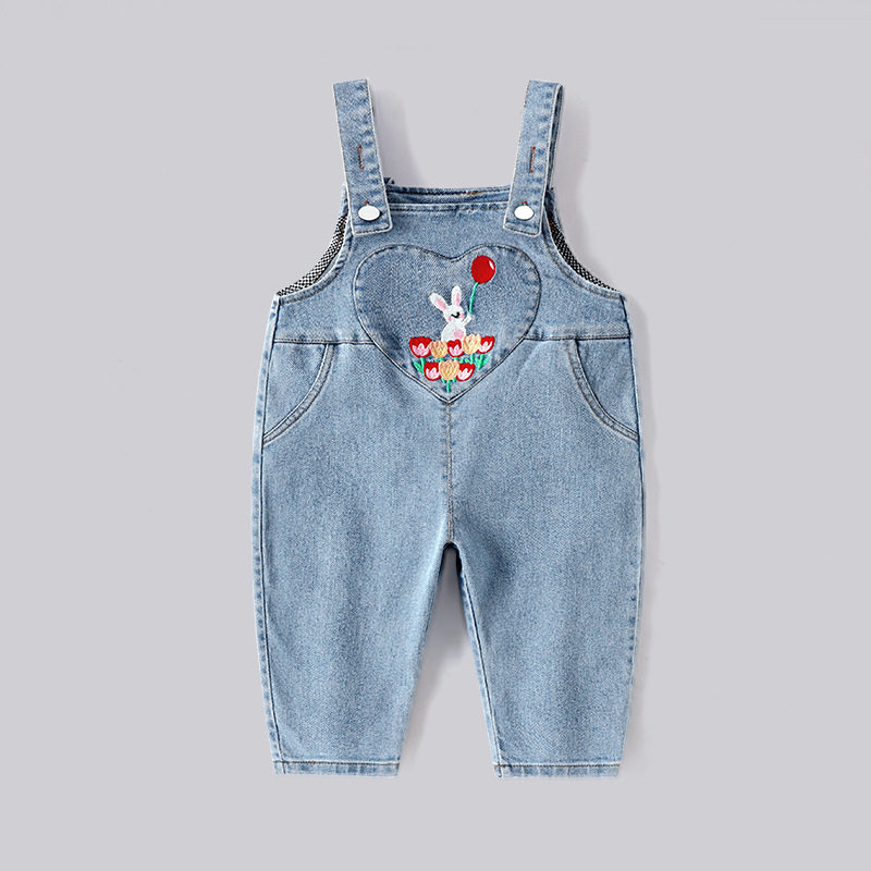 品牌折扣童装秋款女童小兔刺绣背带裤甜美卡通牛仔连体裤保暖长裤