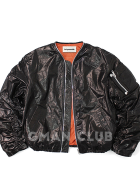 FotiGmanClub 珠光油蜡真皮 褶皱弯刀袖皮衣飞行短夹克宽松外套