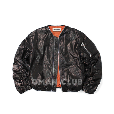 FotiGmanClub 珠光油蜡真皮 褶皱弯刀袖皮衣飞行短夹克宽松外套