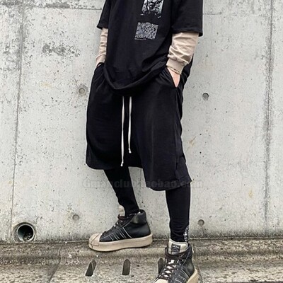 FotiGmanClub 暗黑RO风薄款针织棉基本抽绳低裆垮裤哈伦五分短裤