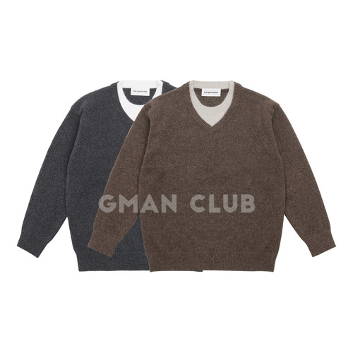 FoitGmanClub 秋冬复古假两件V领拼接针织衫男士慵懒风套装毛衣