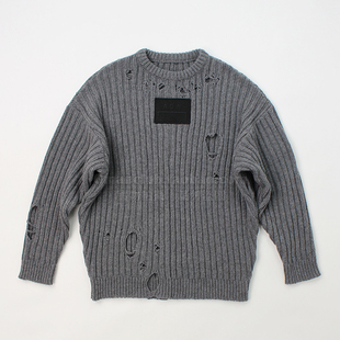 毛衣 圆领气质灰长袖 FotiGmanClub 刺绣魔术贴破洞羊毛混纺针织衫