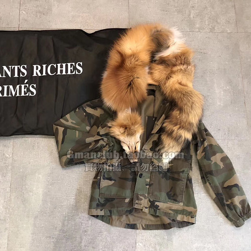 FotiGmanClub ERD忧伤的富二代轻奢风整只狐狸毛迷彩连帽风衣外套