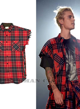 Gman高街 FOG ESSENTIALS 主线经典侧拉链格纹无袖格子衬衫 比伯