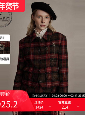 D-HARRY/迪哈利新款复古优雅红咖格纹短款外套DH244A97889D