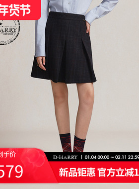 D-HARRY/迪哈利2026春季新款学院羊毛藏青色格纹短裙DH261M91076B