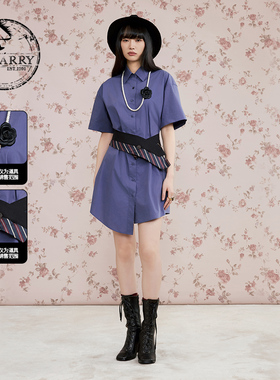 D-HARRY/迪哈利2025秋季新款宽松A字蓝色短袖连衣裙DH253J90563B