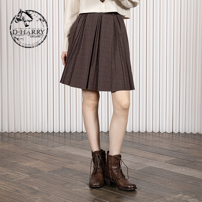 D-HARRY/迪哈利咖色格纹中长裙