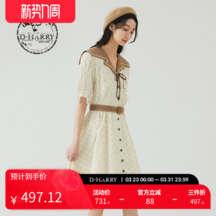 学院风米色天鹅印花连衣裙DH232J96226D 迪哈利夏新款 HARRY