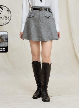 D-HARRY/迪哈利2025冬季新款学院风羊毛灰色A字短裙DH254M90883C