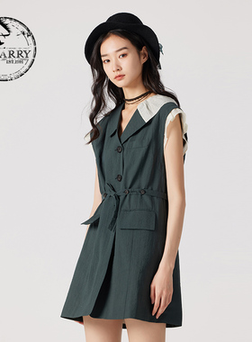 D-HARRY/迪哈利夏新款宽松撞色墨绿色无袖连衣裙DH242J97305D