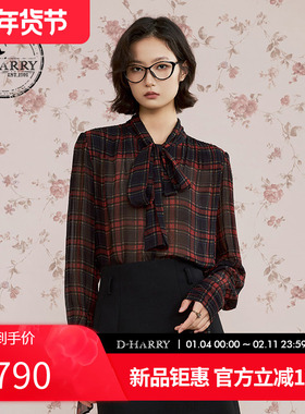 D-HARRY/迪哈利2025秋季新款飘带领红色格纹上衣单衣DH253R90677B