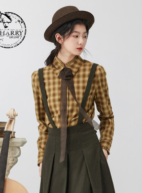 D-HARRY/迪哈利新款复古橙绿色格子长袖衬衫DH234D96662D