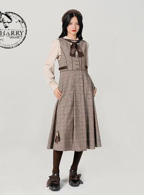 D-HARRY/迪哈利格子连衣裙女春秋新款咖色无袖裙子DH231J95928D