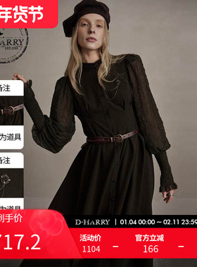 D-HARRY/迪哈利新款百搭蕾丝拼接咖绿色连衣裙DH244J97865D