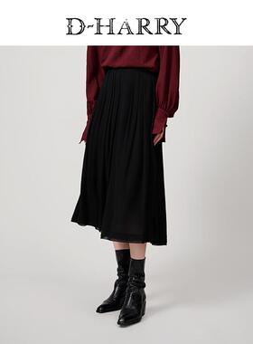 D-HARRY/迪哈利2025春秋新款保暖简约黑色羊毛长裙DH251M97617D
