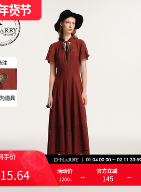 D-HARRY/迪哈利新款复古V领红色短袖连衣裙DH243J97392D