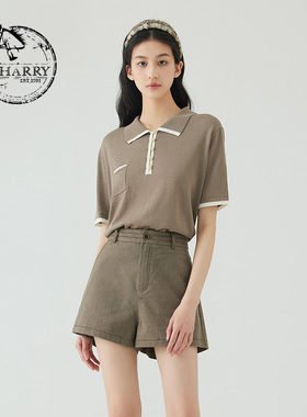 D-HARRY/迪哈利夏季新款复古休闲卡其色短袖毛衫DH232C96110D