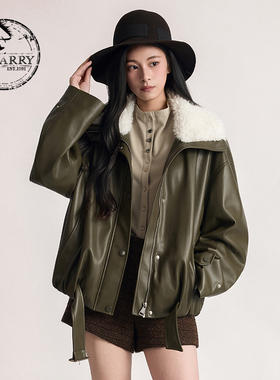 D-HARRY/迪哈利2025冬季新款绿色水洗皮衣上衣外套DH254P91006T