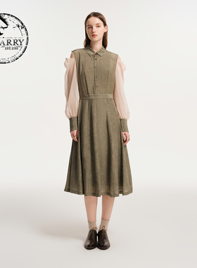 D-HARRY/迪哈利新款复古优雅绿色长袖连衣裙DH243J97527D