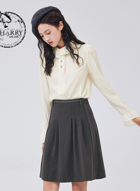 D-HARRY/迪哈利新款优雅荷叶边领米色长袖衬衫DH233R96513D