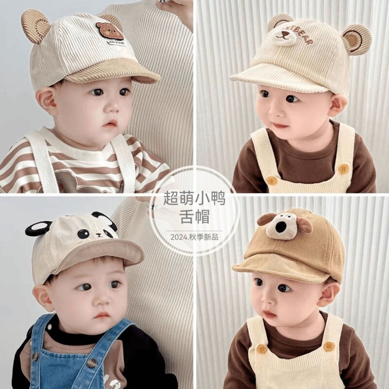 宝宝鸭舌帽子秋冬季韩版薄男女童可爱小熊防晒灯芯绒婴儿春秋软檐