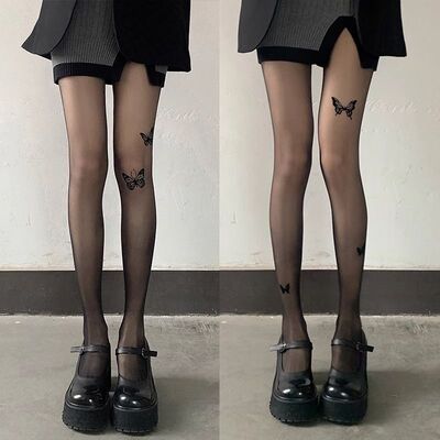 黑色蝴蝶结丝袜女性感黑丝纯欲连裤袜可爱印花jk洛丽塔超薄款丝袜