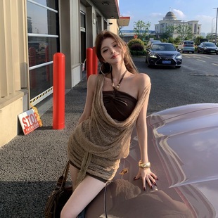 春夏辣妹 复古荡领氛围罩衫 蕾丝吊带修身 连衣裙两件套装 夏季
