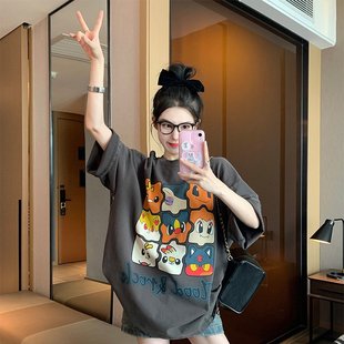 2025韩版 正肩女t恤卡通打底设计感小众甜上衣 新款 卡腰显瘦短袖