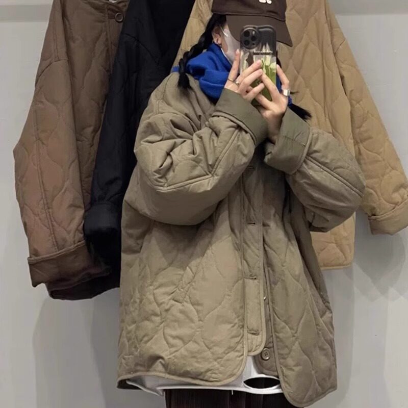 捡漏~日系菱格夹棉外套女秋冬宽松加厚保暖轻薄羽绒棉服大衣AAAA