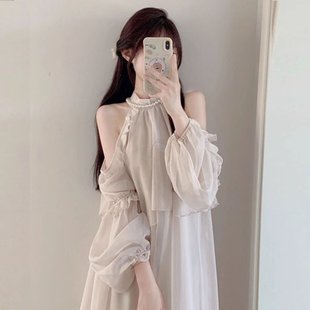 穿搭露肩雪纺上衣高级感 法式 甜美初恋公主短裙女夏季 时尚 两件套装