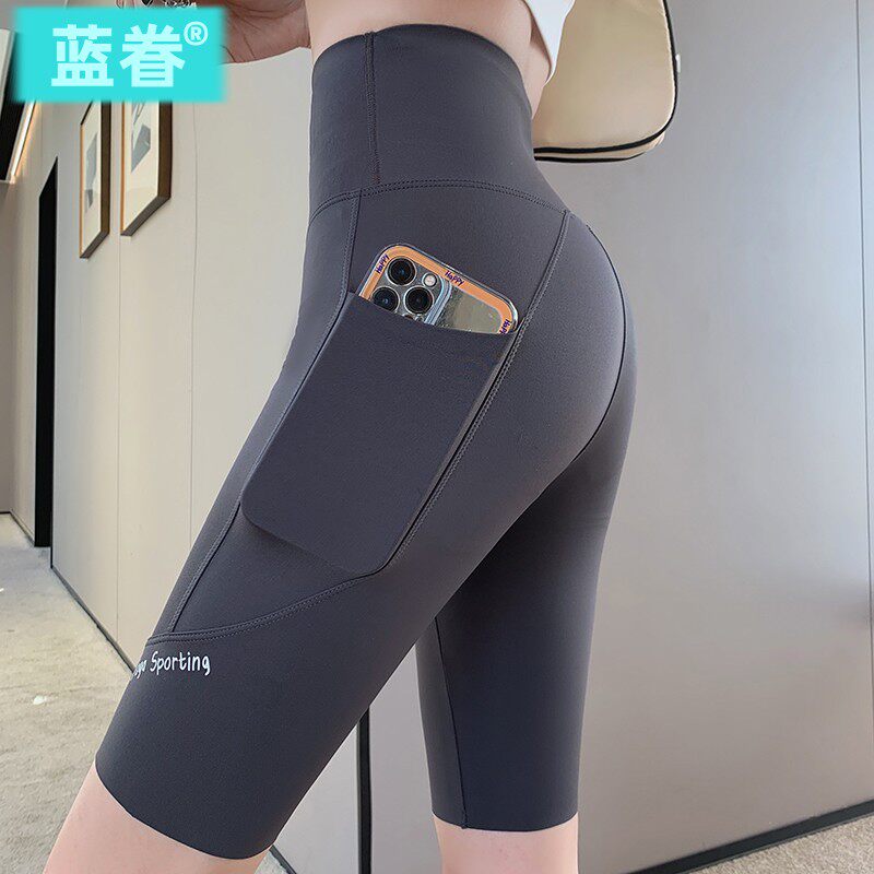 运动骑行裤女外穿夏季五分鲨鱼裤口袋短裤提臀紧身裤打底裤瑜伽裤