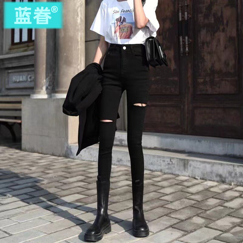 高腰破洞小脚裤子新款爆款2023女黑色秋冬修身显瘦加绒小脚裤长裤