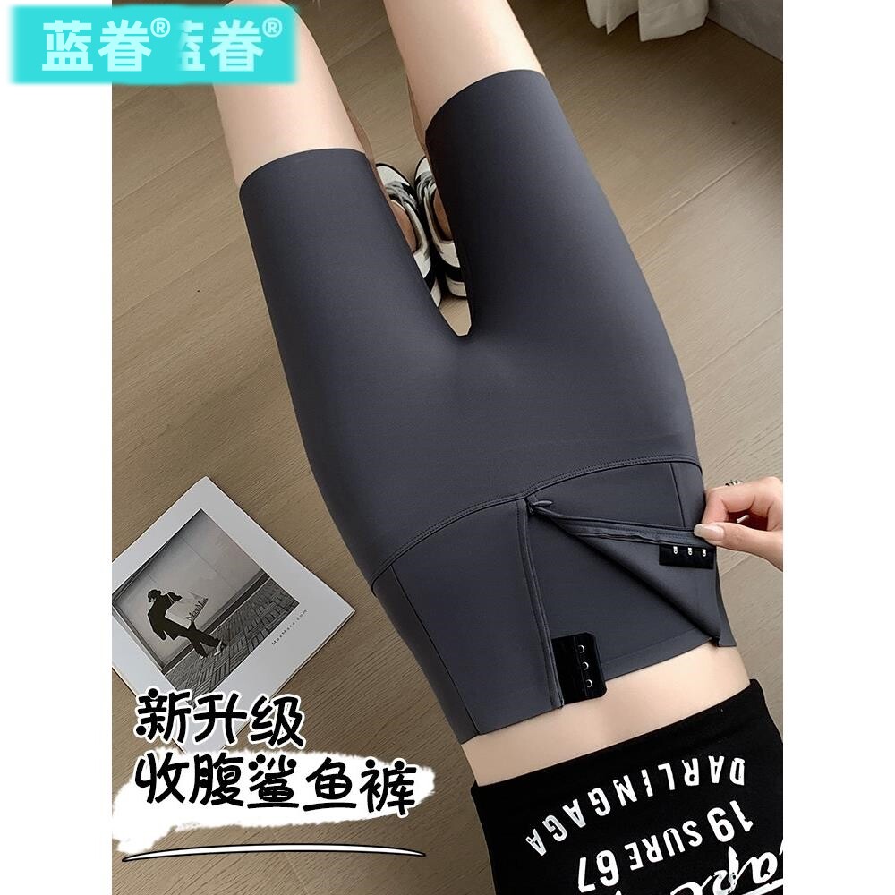 排扣收腹五分鲨鱼裤女外穿夏季薄款灰色打底高腰提臀紧身瑜伽短裤
