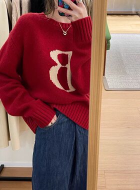米多家欧洲站红色字母圆领套头羊毛女2023秋冬新款时尚百搭针织衫
