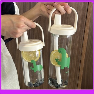 高硼硅大容量奶茶玻璃水杯子新款2025女生小恐龙粗吸管高颜值便携