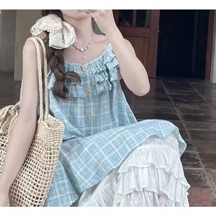 少女感减龄小个子荷叶边长裙 甜美度假风假两件拼接吊带连衣裙夏季