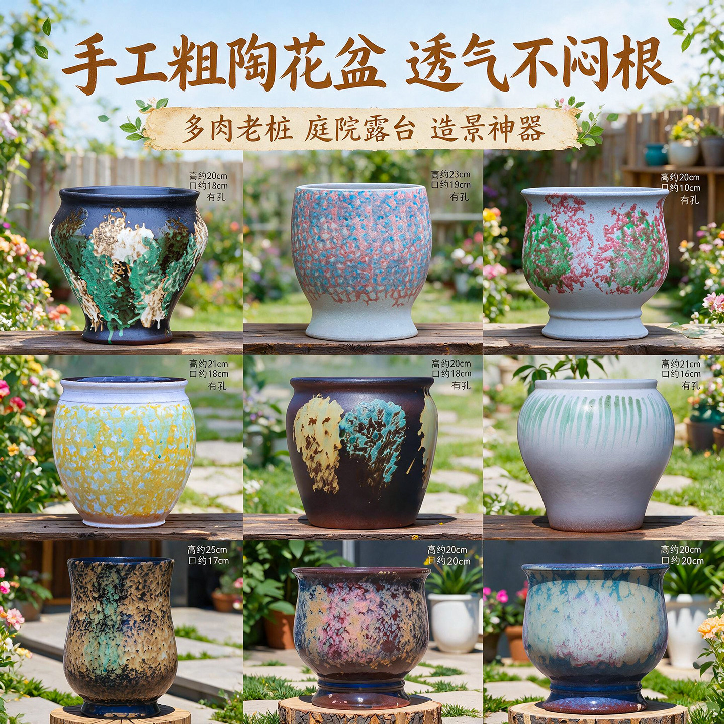 手工粗陶花盆陶瓷大口径透气不闷根多肉老桩创意手绘绿植盆复古风