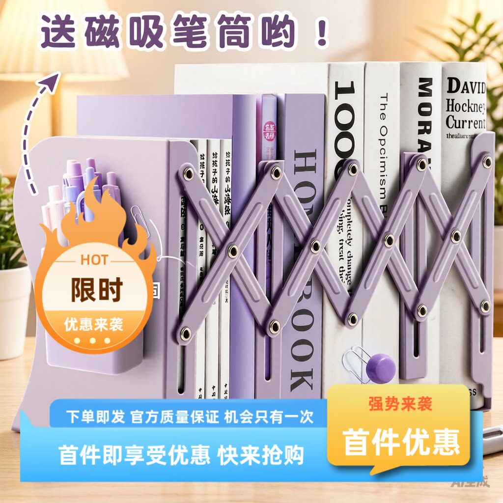 可伸缩书立金属书架桌面书本收纳架高中生挡板书夹折叠固定带笔筒