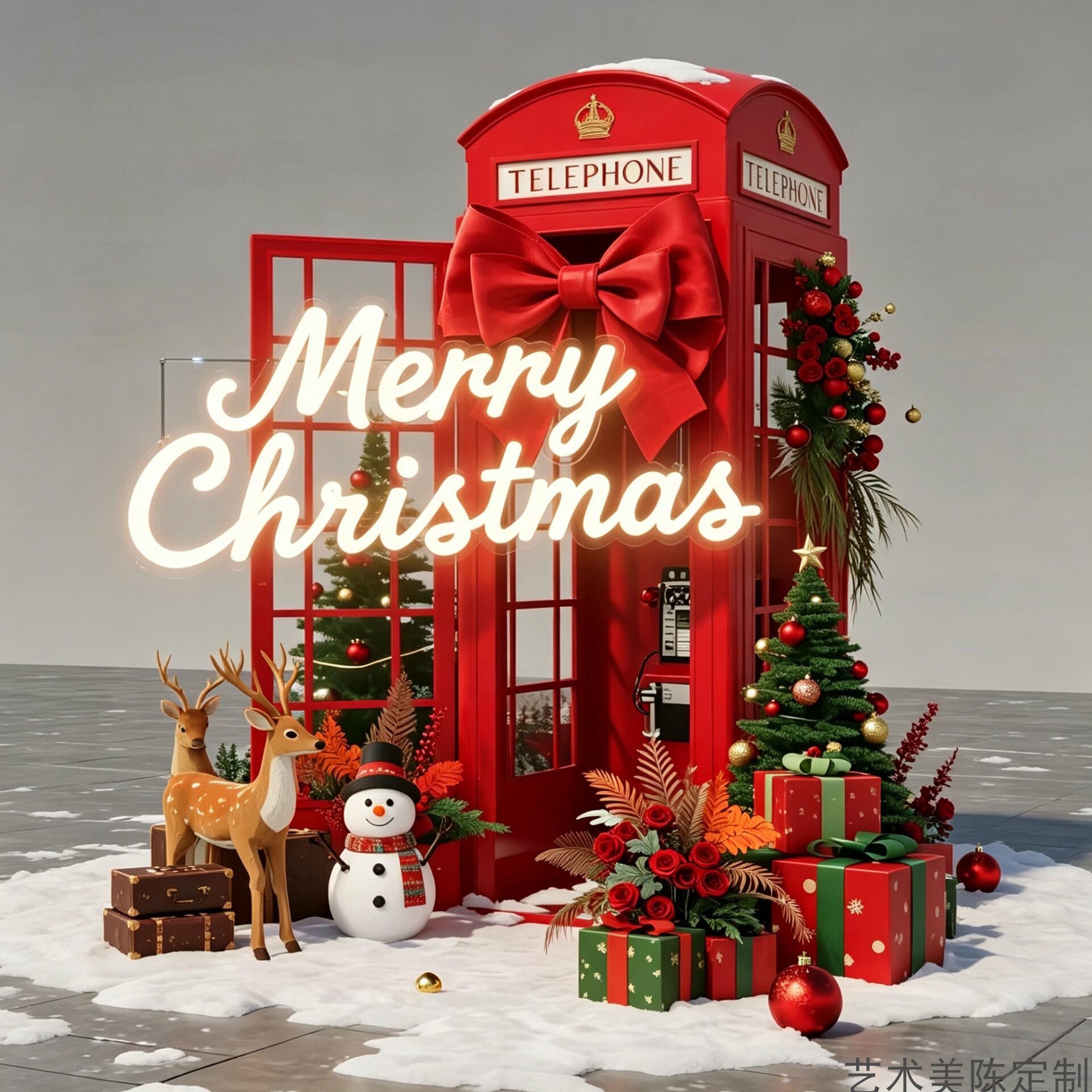 圣诞节复古电话亭圣诞树蝴蝶结美陈商场酒店门店景区网红打卡装饰