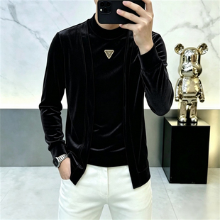 金丝绒假两件长袖T恤外套男2026秋季新款中领高级感黑色男装上衣