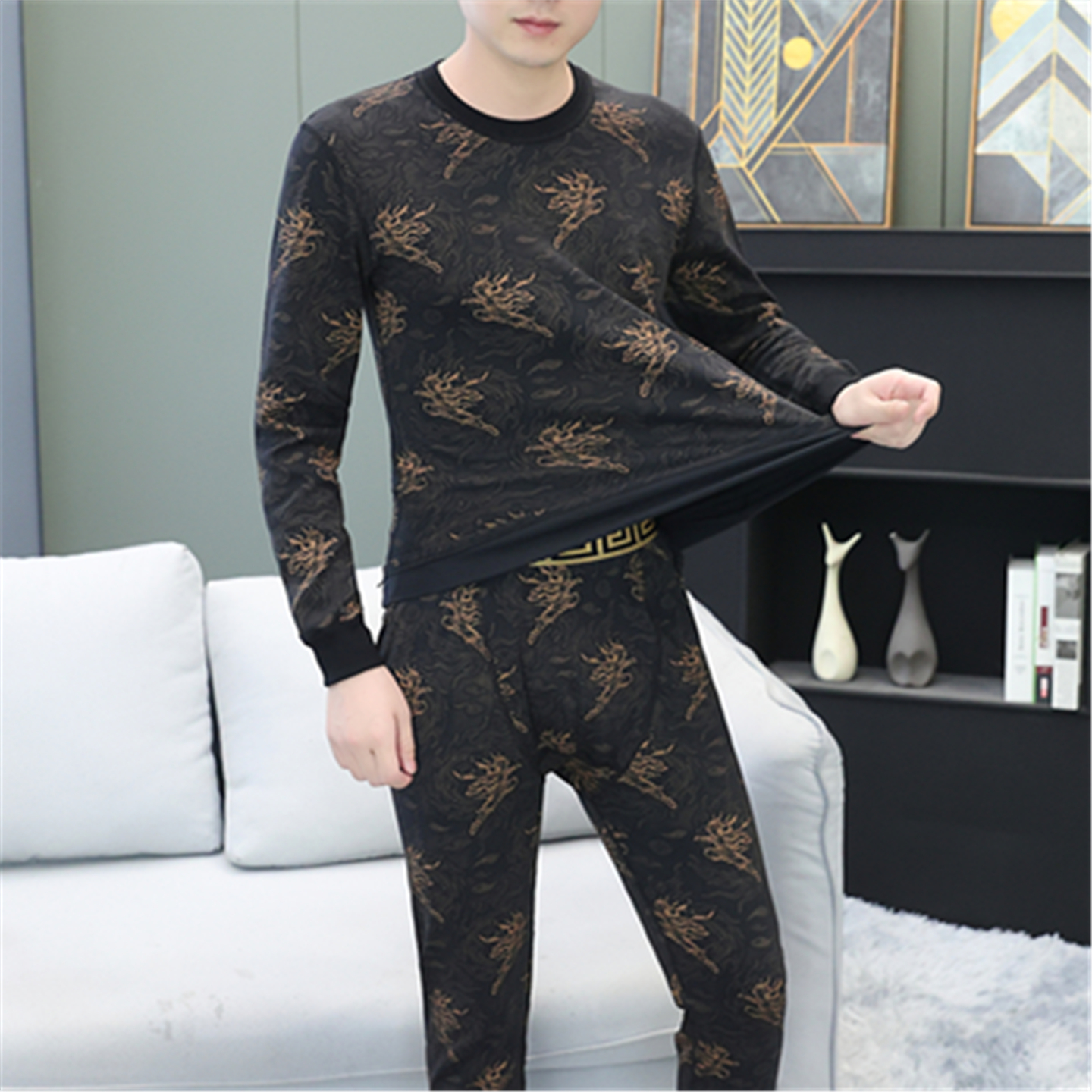 纯棉保暖内衣套装男加绒加厚