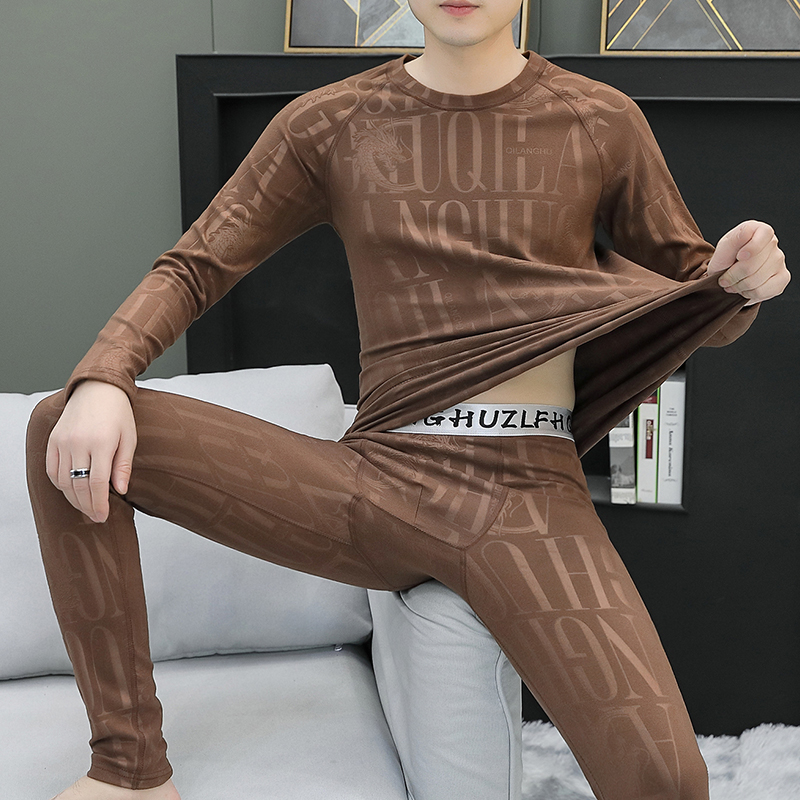 男士德绒保暖内衣套装长袖圆领秋衣秋裤打底裤防寒秋冬季新款一套