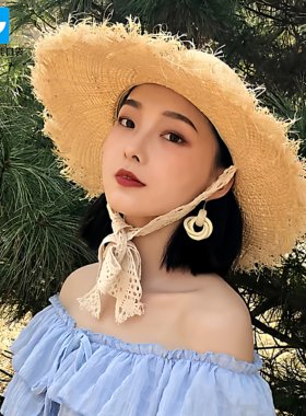 韩系手工拉菲草大沿防晒草帽女