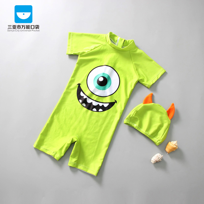 三亚连体中童防晒带帽游泳衣