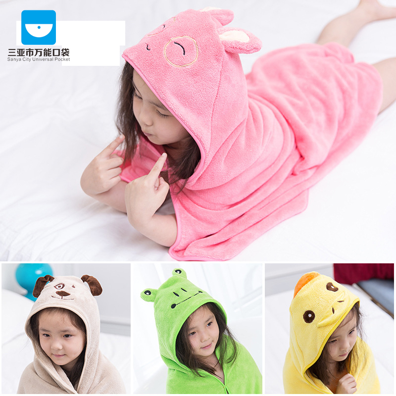 三亚-卡通珊瑚绒儿童浴巾斗篷 婴儿毛巾被宝宝披风