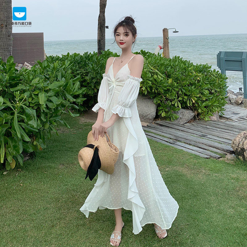 三亚-海边度假沙滩裙女夏白色超仙泰国荷叶边吊带裙旅游出游长裙